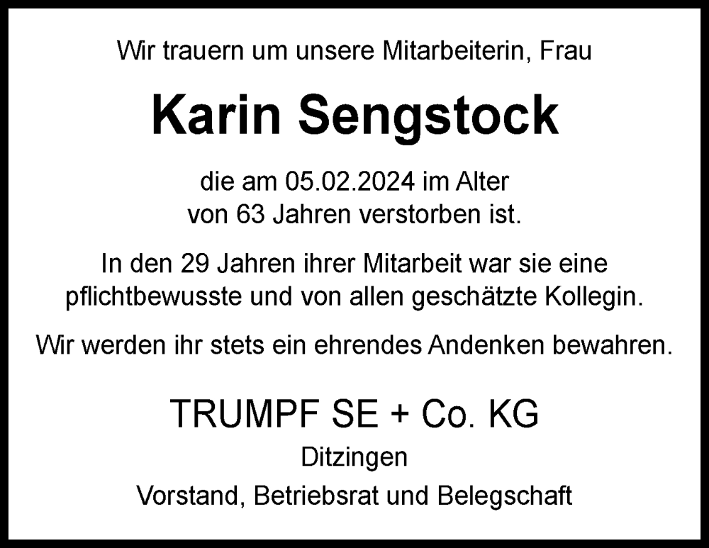  Traueranzeige für Karin Sengstock vom 13.02.2024 aus Leonberger Kreiszeitung / Strohgäu Extra