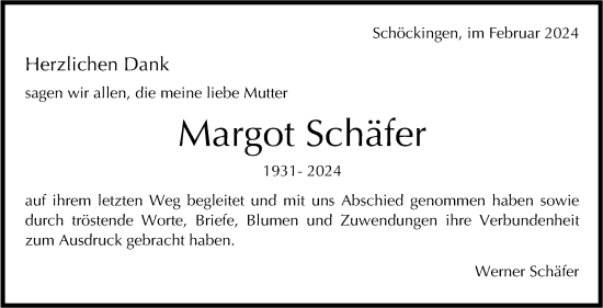 Traueranzeige von Margot Schäfer von Leonberger Kreiszeitung / Strohgäu Extra