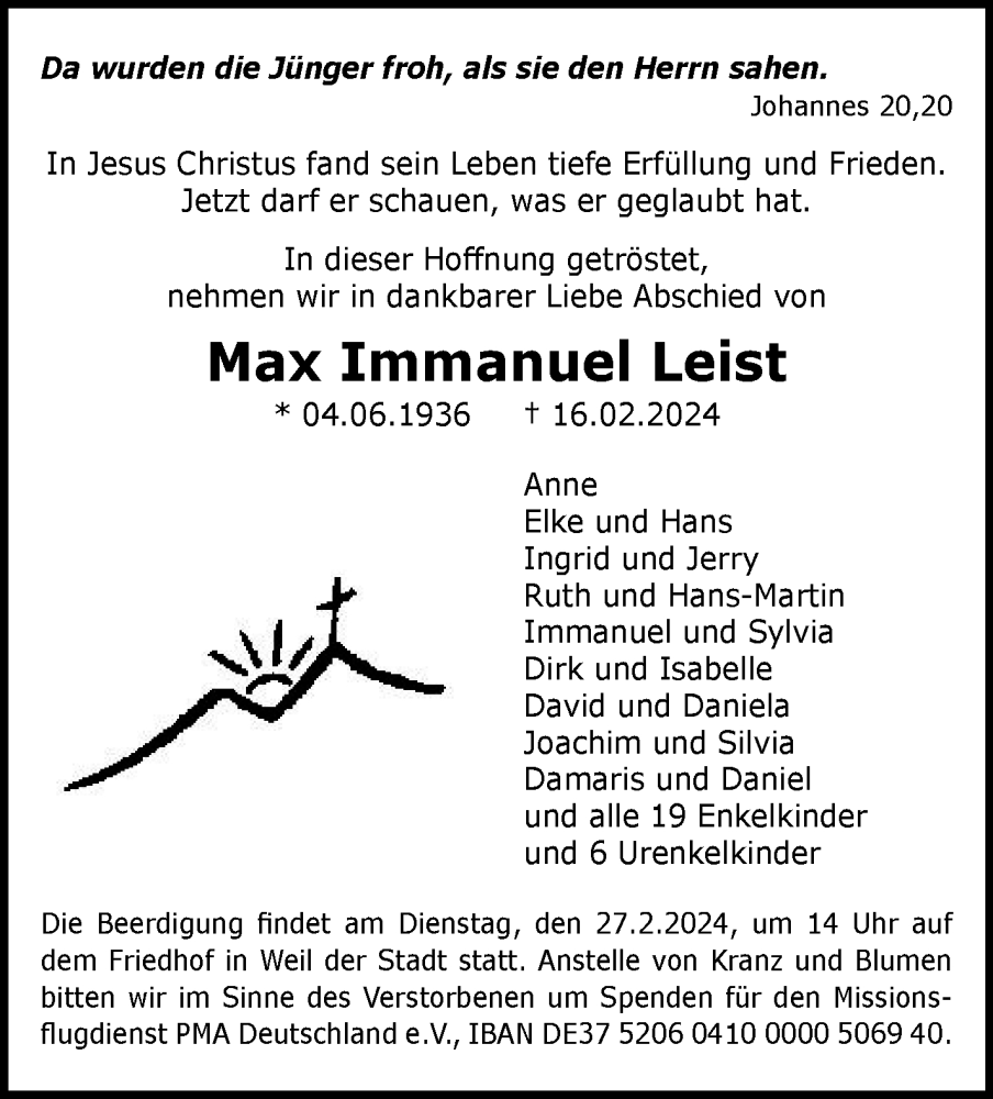  Traueranzeige für Max Immanuel Leist vom 22.02.2024 aus Leonberger Kreiszeitung / Strohgäu Extra