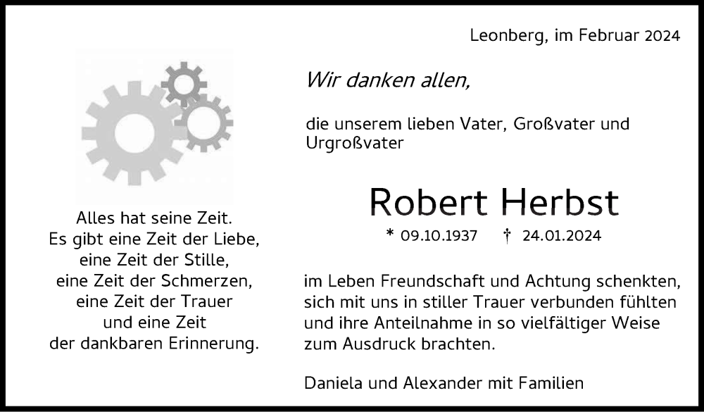  Traueranzeige für Robert Herbst vom 14.02.2024 aus Leonberger Kreiszeitung / Strohgäu Extra