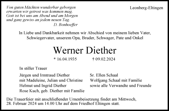 Traueranzeige von Werner Diether von Leonberger Kreiszeitung / Strohgäu Extra