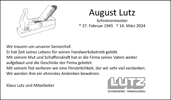 Traueranzeige von August Lutz von Leonberger Kreiszeitung / Strohgäu Extra