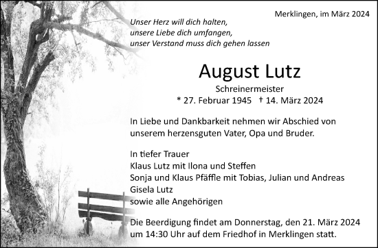 Traueranzeige von August Lutz von Leonberger Kreiszeitung / Strohgäu Extra