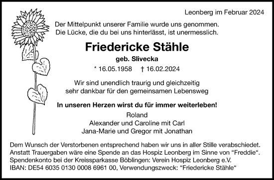 Traueranzeige von Friedericke Stähle von Leonberger Kreiszeitung / Strohgäu Extra