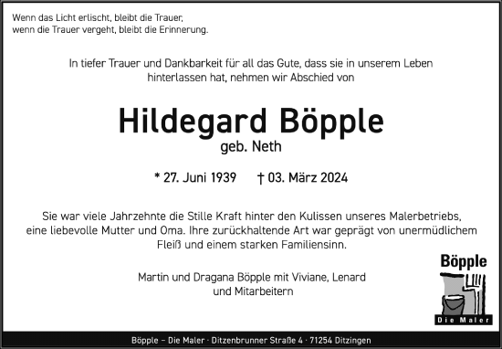 Traueranzeige von Hildegard Böpple von Leonberger Kreiszeitung / Strohgäu Extra