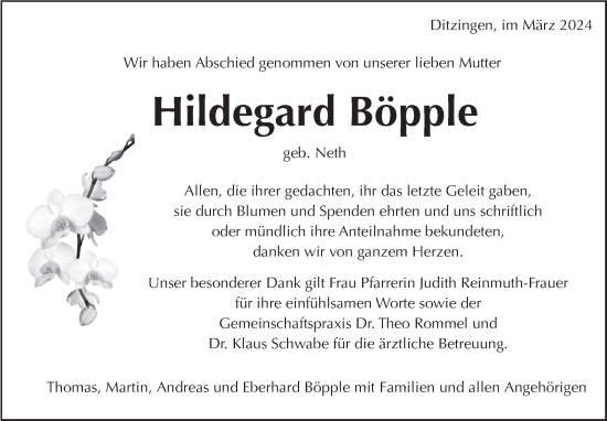 Traueranzeige von Hildegard Böpple von Leonberger Kreiszeitung / Strohgäu Extra