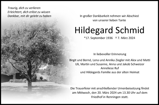 Traueranzeige von Hildegard Schmid von Leonberger Kreiszeitung / Strohgäu Extra