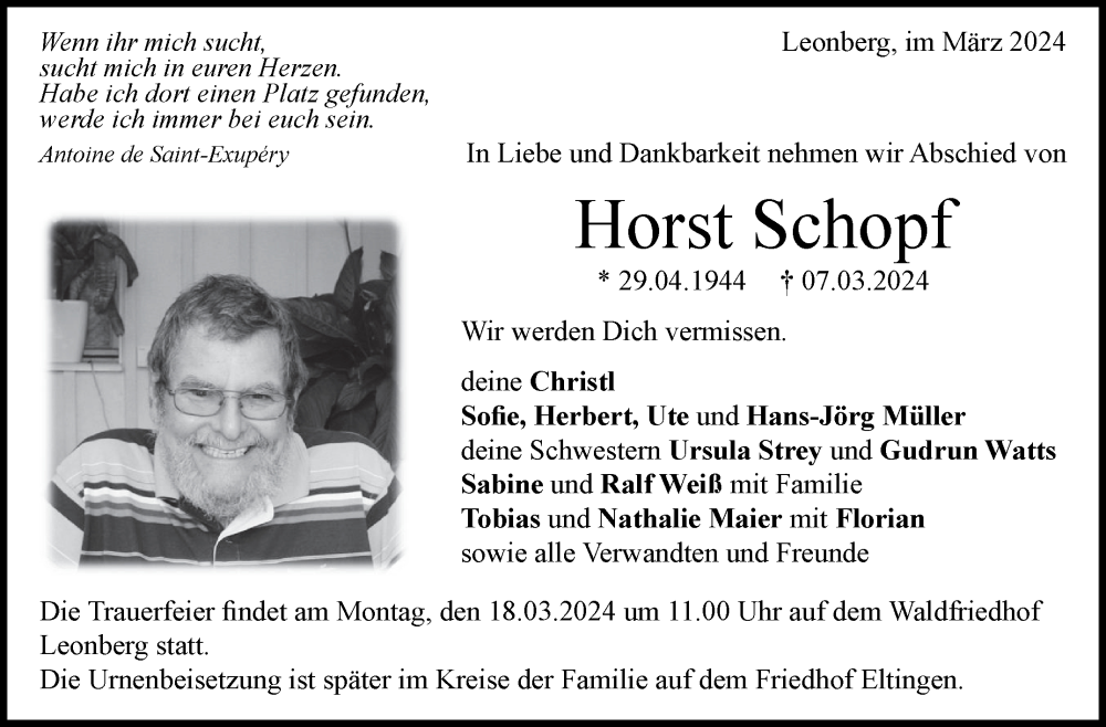  Traueranzeige für Horst Schopf vom 13.03.2024 aus Leonberger Kreiszeitung / Strohgäu Extra
