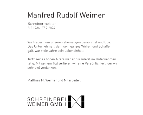 Traueranzeige von Manfred Rudolf Weimer von Leonberger Kreiszeitung / Strohgäu Extra