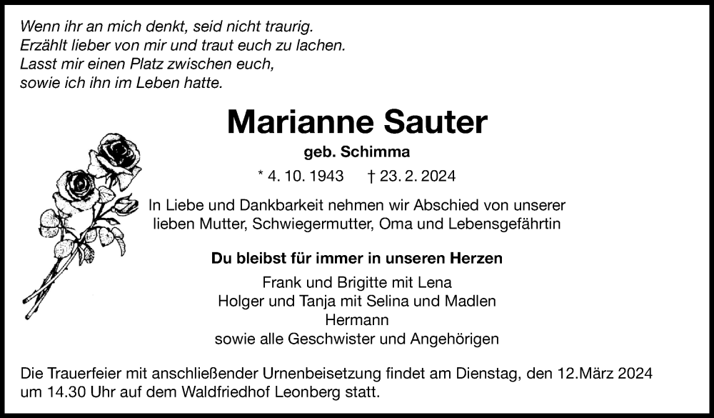  Traueranzeige für Marianne Sauter vom 05.03.2024 aus Leonberger Kreiszeitung / Strohgäu Extra