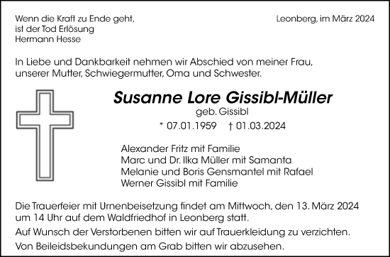 Traueranzeige von Susanne Lore Gissibl-Müller von Leonberger Kreiszeitung / Strohgäu Extra