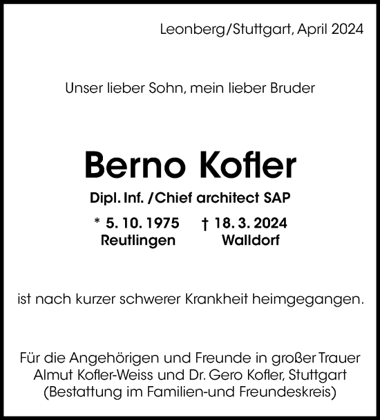 Traueranzeige von Berno Kofler von Leonberger Kreiszeitung / Strohgäu Extra