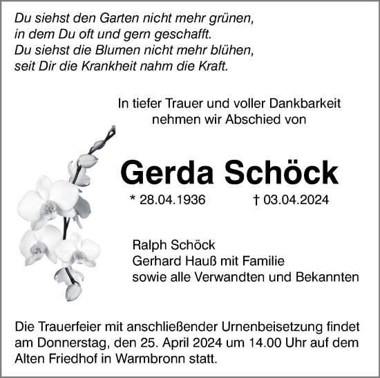 Traueranzeige von Gerda Schöck von Leonberger Kreiszeitung / Strohgäu Extra