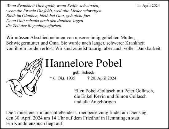 Traueranzeige von Hannelore Pobel von Leonberger Kreiszeitung / Strohgäu Extra