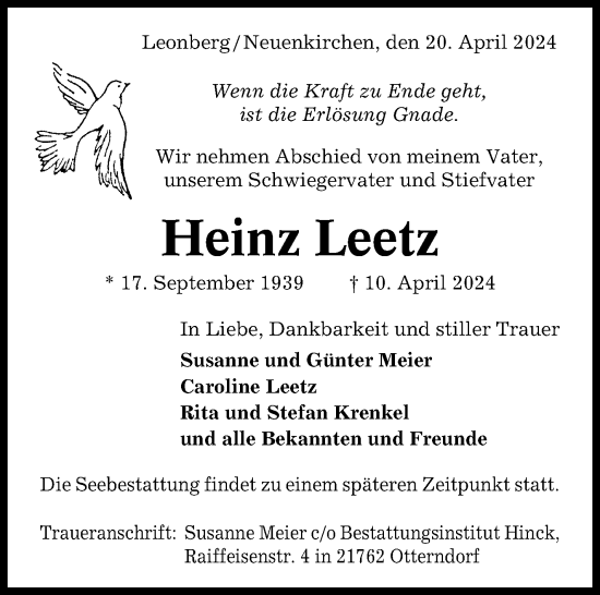 Traueranzeige von Heinz Leetz von Leonberger Kreiszeitung / Strohgäu Extra