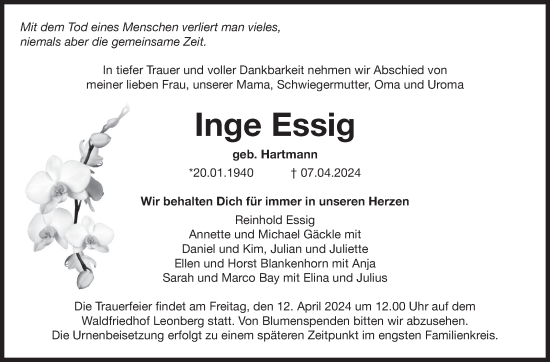 Traueranzeige von Inge Essig von Leonberger Kreiszeitung / Strohgäu Extra