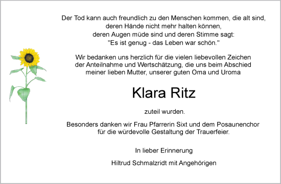 Traueranzeige von Klara Ritz von Leonberger Kreiszeitung / Strohgäu Extra