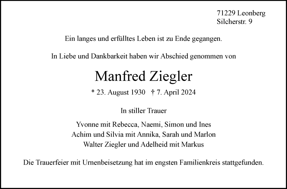  Traueranzeige für Manfred Ziegler vom 20.04.2024 aus Leonberger Kreiszeitung / Strohgäu Extra