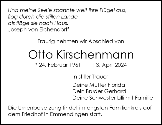 Traueranzeige von Otto Kirschenmann von Leonberger Kreiszeitung / Strohgäu Extra