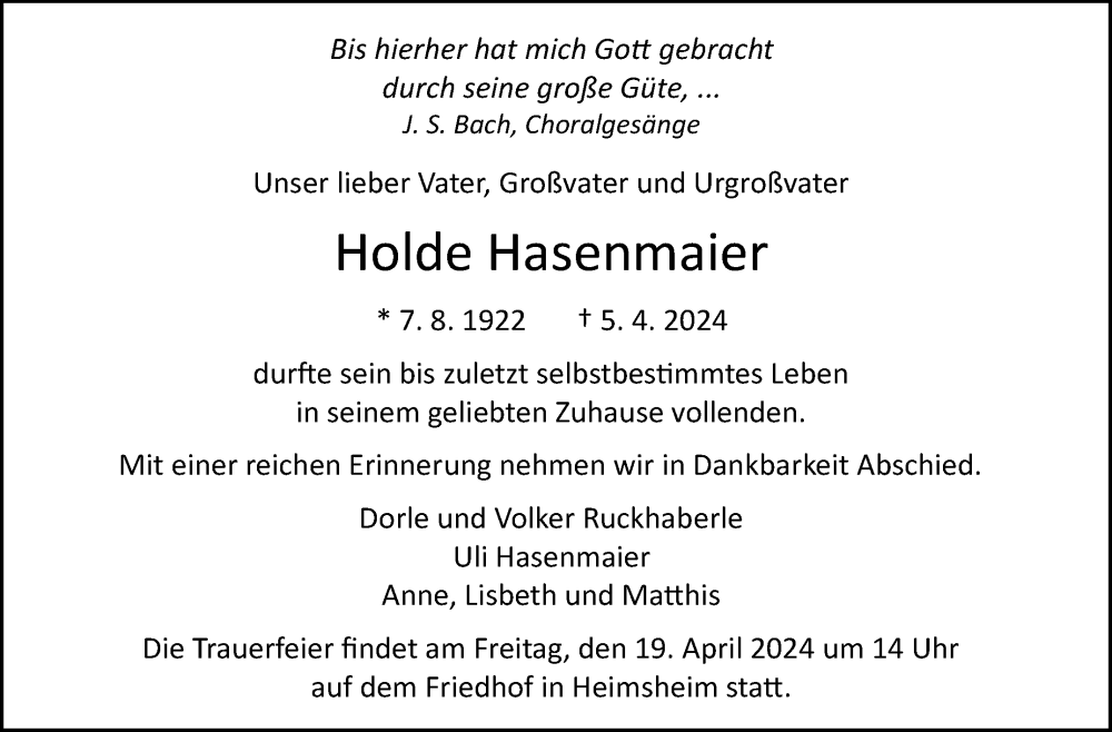  Traueranzeige für Reinhold Hasenmaier vom 15.04.2024 aus Leonberger Kreiszeitung / Strohgäu Extra