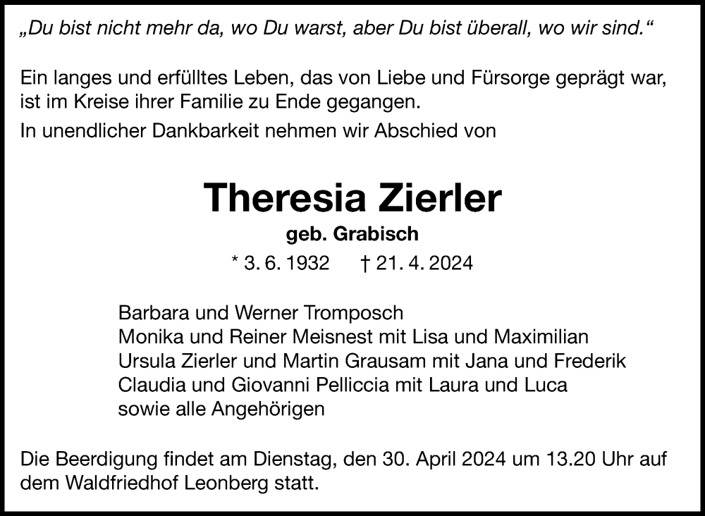  Traueranzeige für Theresia Zierler vom 26.04.2024 aus Leonberger Kreiszeitung / Strohgäu Extra