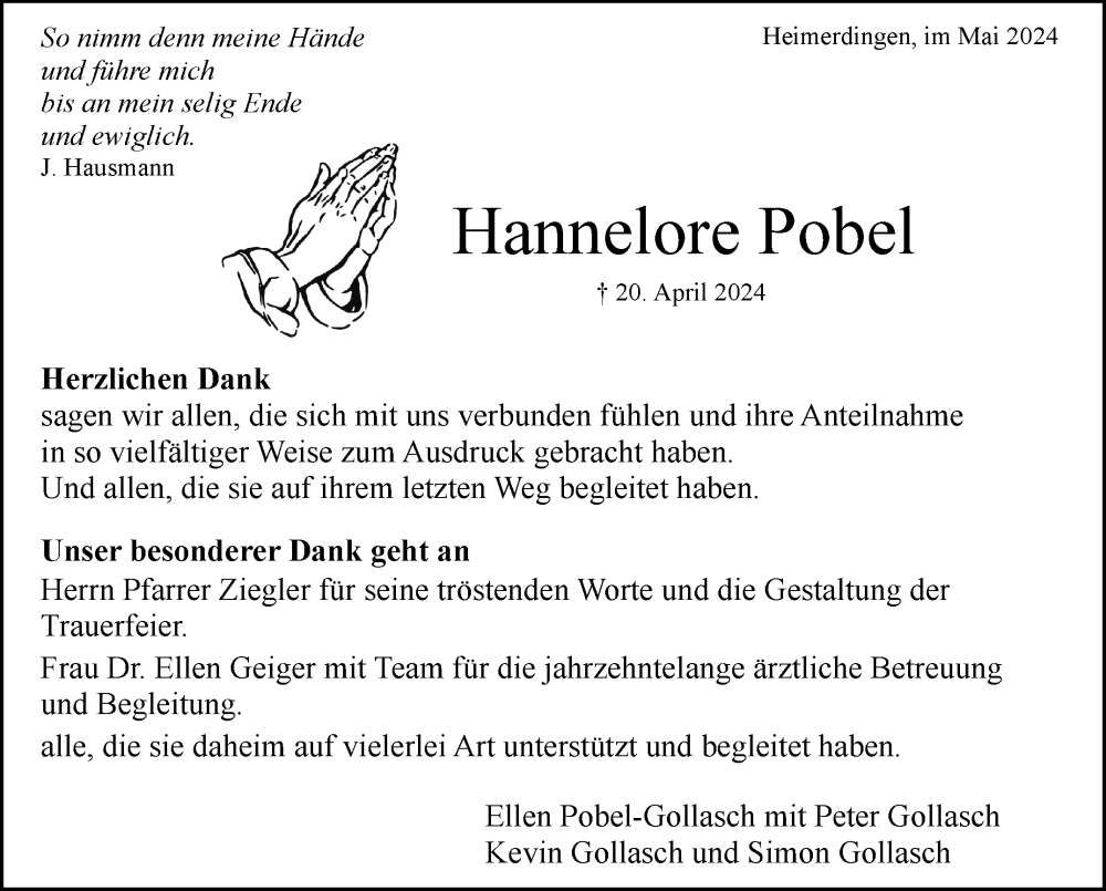  Traueranzeige für Hannelore Pobel vom 17.05.2024 aus Leonberger Kreiszeitung / Strohgäu Extra