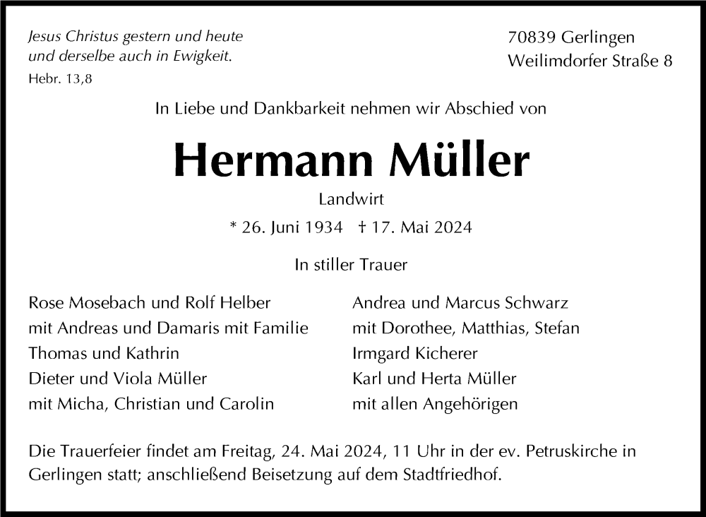  Traueranzeige für Hermann Müller vom 22.05.2024 aus Leonberger Kreiszeitung / Strohgäu Extra
