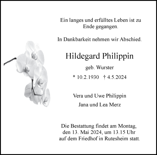 Traueranzeige von Hildegard Philippin von Leonberger Kreiszeitung / Strohgäu Extra