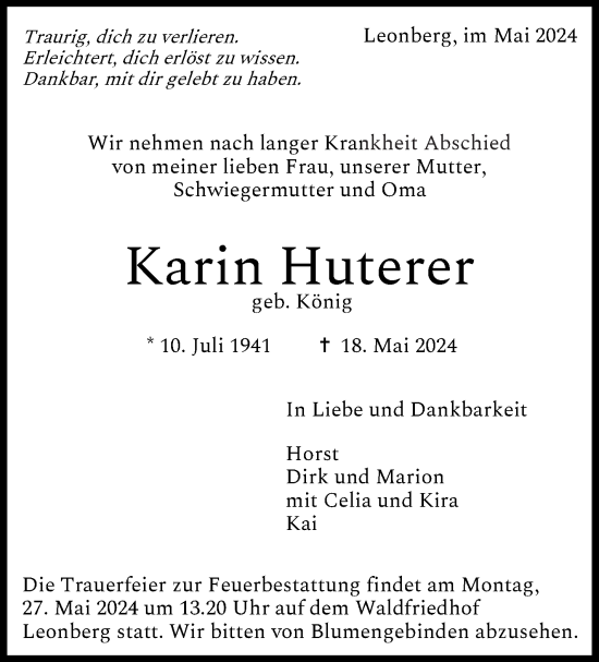 Traueranzeige von Karin Huterer von Leonberger Kreiszeitung / Strohgäu Extra