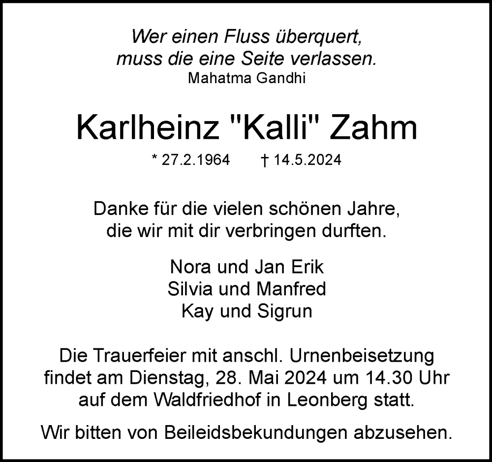  Traueranzeige für Karlheinz Zahm vom 24.05.2024 aus Leonberger Kreiszeitung / Strohgäu Extra