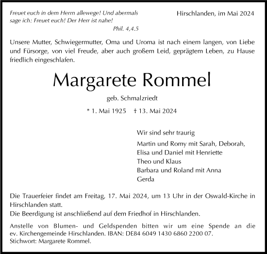 Traueranzeige von Margarete Rommel von Leonberger Kreiszeitung / Strohgäu Extra