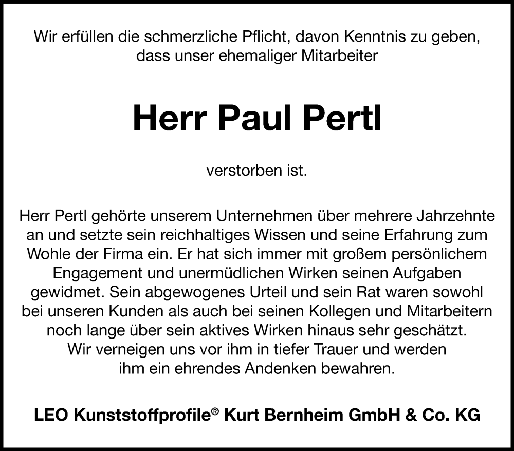 Traueranzeige für Paul Pertl vom 18.05.2024 aus Leonberger Kreiszeitung / Strohgäu Extra