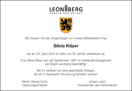 Traueranzeige von Silvia Kilper von Leonberger Kreiszeitung / Strohgäu Extra