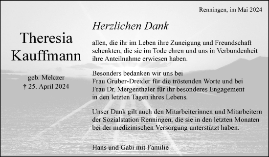 Traueranzeige von Theresia Kauffmann von Leonberger Kreiszeitung / Strohgäu Extra