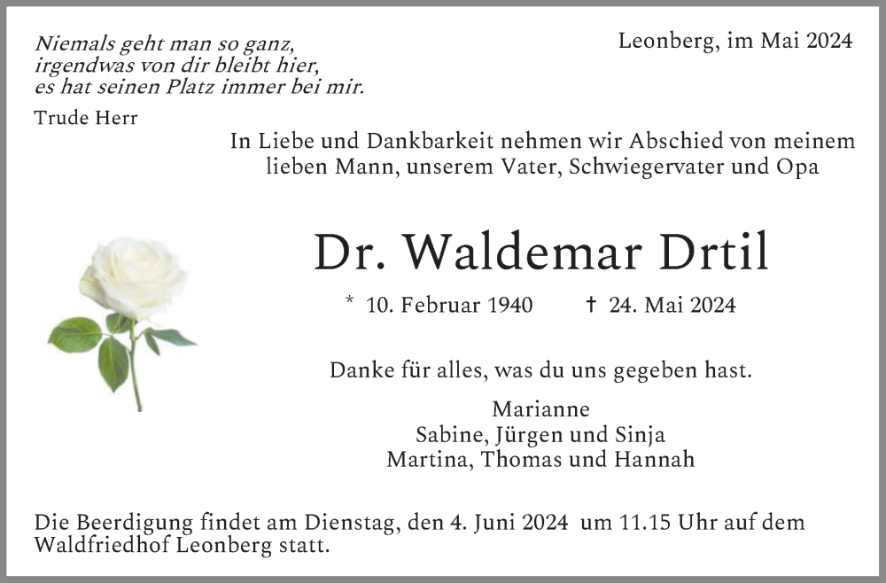  Traueranzeige für Waldemar Drtil vom 31.05.2024 aus Leonberger Kreiszeitung / Strohgäu Extra