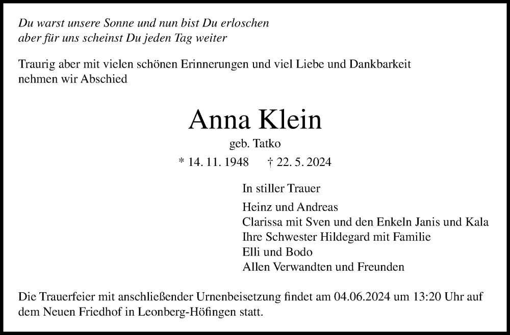  Traueranzeige für Anna Klein vom 01.06.2024 aus Leonberger Kreiszeitung / Strohgäu Extra