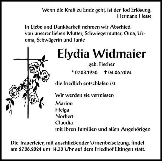 Traueranzeige von Elydia Widmaier von Leonberger Kreiszeitung / Strohgäu Extra