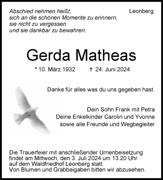 Traueranzeige von Gerda Matheas von Leonberger Kreiszeitung / Strohgäu Extra