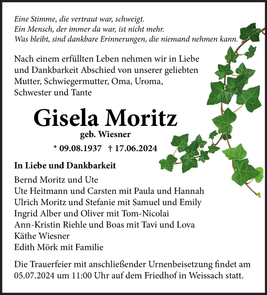Traueranzeige von Gisela Moritz von Leonberger Kreiszeitung / Strohgäu Extra