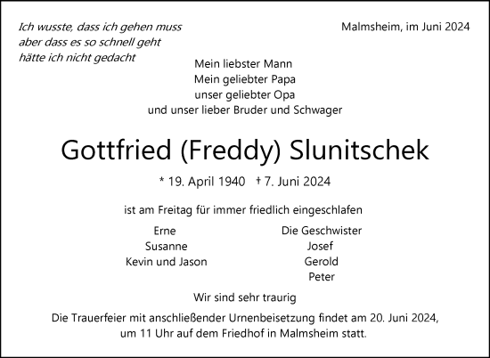 Traueranzeige von Gottfried  Slunitschek von Leonberger Kreiszeitung / Strohgäu Extra