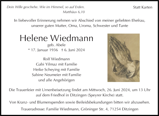 Traueranzeige von Helene Wiedmann von Leonberger Kreiszeitung / Strohgäu Extra