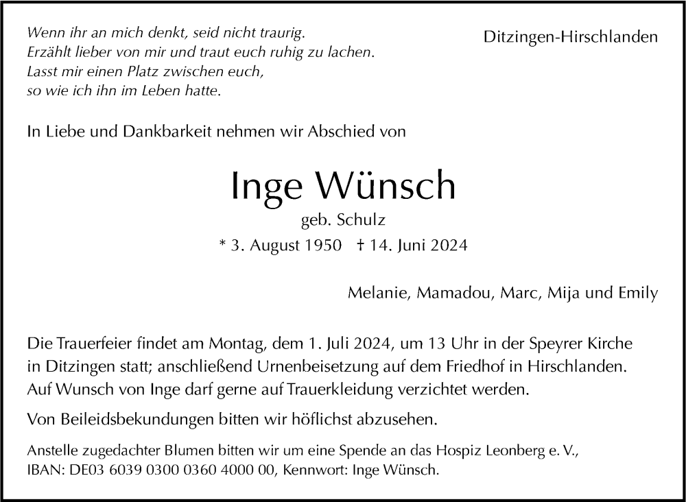  Traueranzeige für Inge Wünsch vom 22.06.2024 aus Leonberger Kreiszeitung / Strohgäu Extra