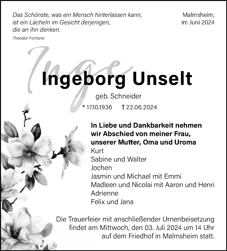  Traueranzeige für Ingeborg Unselt vom 28.06.2024 aus Leonberger Kreiszeitung / Strohgäu Extra