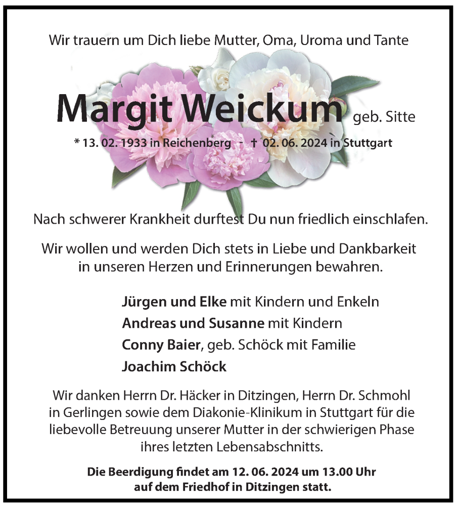  Traueranzeige für Margit Weickum vom 07.06.2024 aus Leonberger Kreiszeitung / Strohgäu Extra