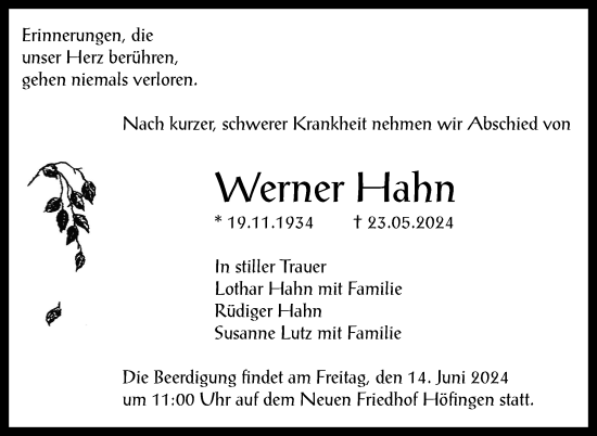 Traueranzeige von Werner Hahn von Leonberger Kreiszeitung / Strohgäu Extra
