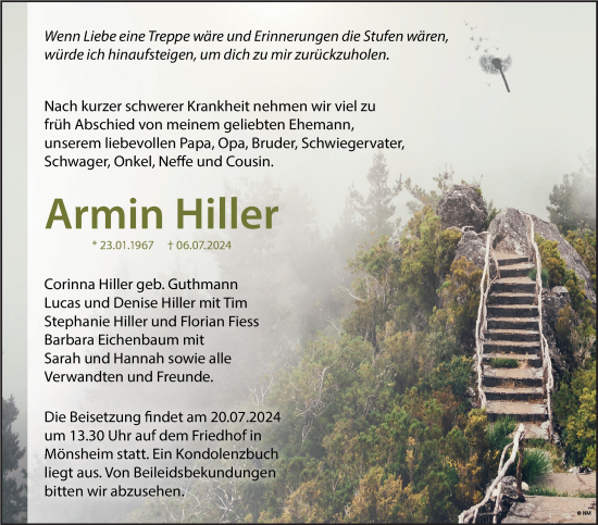 Traueranzeige von Armin Hiller von Leonberger Kreiszeitung / Strohgäu Extra