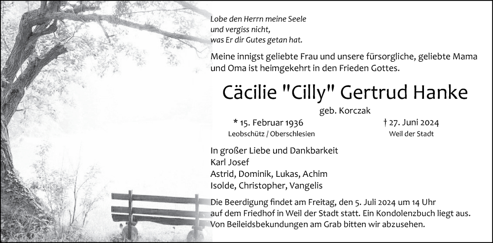  Traueranzeige für Cäcilie  Hanke vom 01.07.2024 aus Leonberger Kreiszeitung / Strohgäu Extra