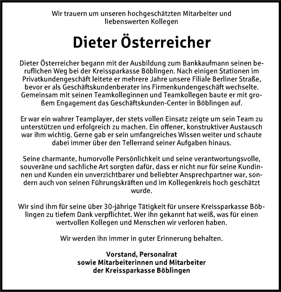  Traueranzeige für Dieter Österreicher vom 15.07.2024 aus Leonberger Kreiszeitung / Strohgäu Extra