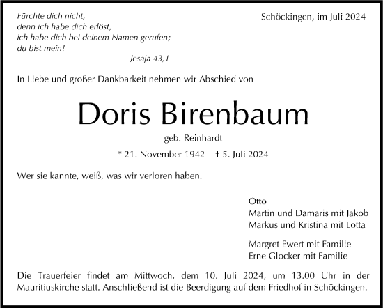 Traueranzeige von Doris Birenbaum von Leonberger Kreiszeitung / Strohgäu Extra