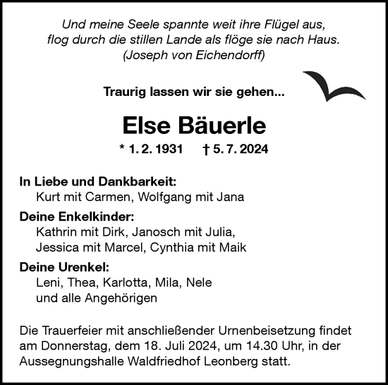 Traueranzeige von Else Bäuerle von Leonberger Kreiszeitung / Strohgäu Extra